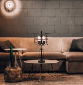 BLACK INDUSTRIAL WIRE CAGE TABLE LAMP W/ EDISON BULB