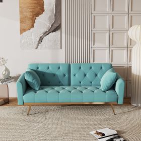 Baby Blue velvet nail head sofa bed with throw pillow and midfoot