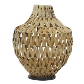 Handmade Woven Brown Plastic Rattan Vase with Black Metal Base