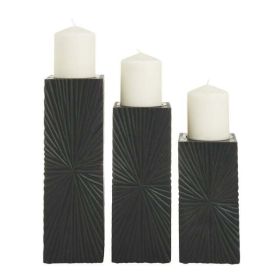 3 Candle Black Wood Geometric Carved Pillar Candle Holder, Set of 3
