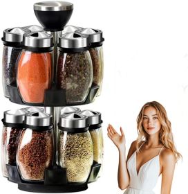 12 Glass Jar Bottles Set Revolving Spice Rack Organizer Storage