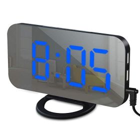 Digital LED Alarm Clock Mirror 2 USB Charger Ports Night Light (Color: Black-Blue, Ships From: China)
