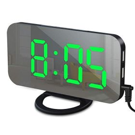 Digital LED Alarm Clock Mirror 2 USB Charger Ports Night Light (Color: Black-Green, Ships From: China)