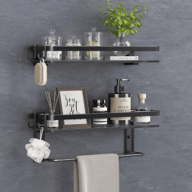 Glass Shelf for Bathroom  with Towel Bar Tempered Glass (Color: Black)