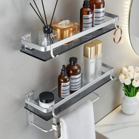 Glass Shelf for Bathroom  with Towel Bar Tempered Glass (Color: Silver)