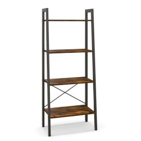 4-Tier Bookshelf with Metal Frame and Adjustable Foot Pads (Color: Rustic Brown)