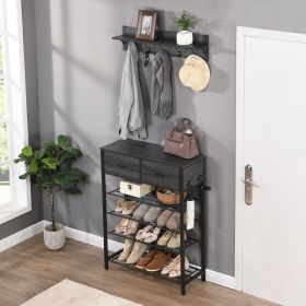 Versatile Entryway 4-Tier Shoe Rack with Drawers and Coat Hooks - (Color: Black+Gray)