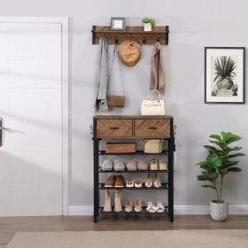 Versatile Entryway 4-Tier Shoe Rack with Drawers and Coat Hooks - (Color: Brown Mix)
