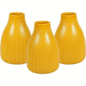 Flower Vase Set of 3, Decorative Ceramic Embossed Vase (Color: Yellow)
