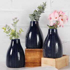 Flower Vase Set of 3, Decorative Ceramic Embossed Vase (Color: Blue)