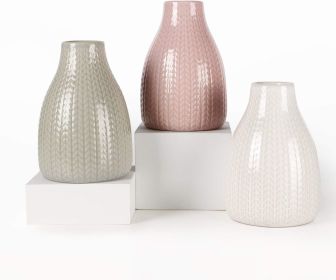 Flower Vase Set of 3, Decorative Ceramic Embossed Vase (Color: White/Grey/Pink)