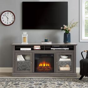 Retro TV Stand for 65'' TV, TV Console Cabinet with Storage, (With Fireplace Insert: Yes, Color: Black + Dark Walnut)