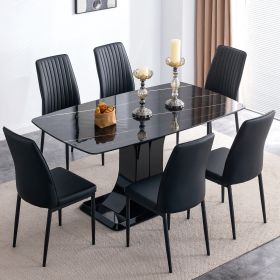 Marble Dining Table Set with Convertible Base (Color: Black, Material: MDF+glass)