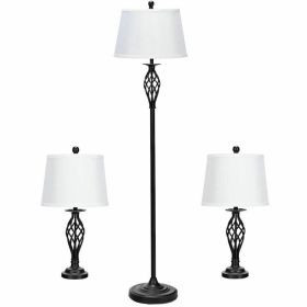 2 Table Lamps 1 Floor Lamp Set with Fabric Shades (Color: Black & White)