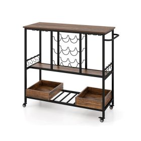 Dinning Supplies Bar Cart on Wheels with Hook & Glass Racks (Color: Rustic Brown, Type: Kitchen Supplies)