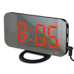 Digital LED Alarm Clock Mirror 2 USB Charger Ports Night Light (Color: Black-Red, Ships From: China)